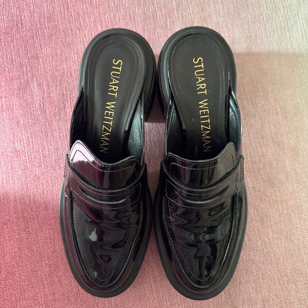 Stuart Weitzman Black Patent Leather Loafer Mules
